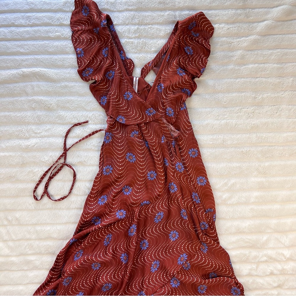 ANTHRO brown rust red Ruffle-Sleeve Printed-Wrap Maxi Dress - Picture 7 of 12